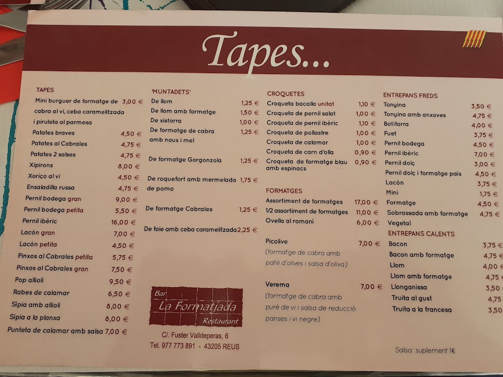 Restaurant la Formatjada — Carta
