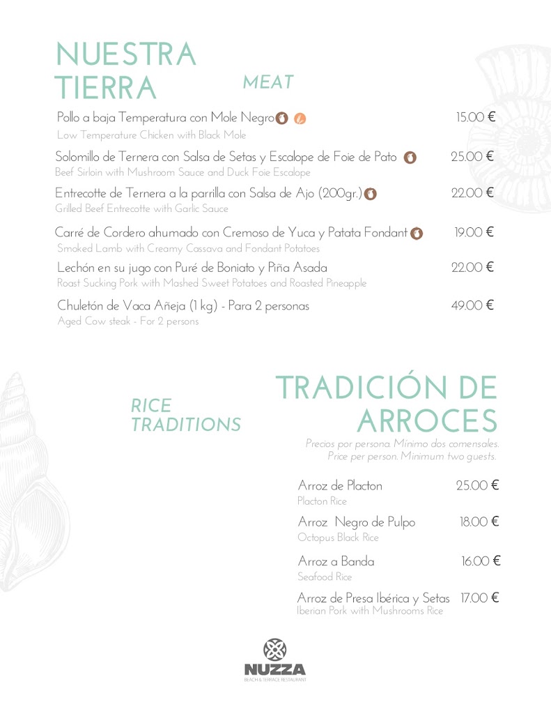 Nuzza Beach & Terrace Restaurant — Carta