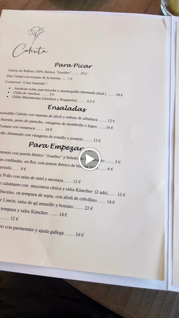 Calixta Restaurante | Las Rozas — Carta