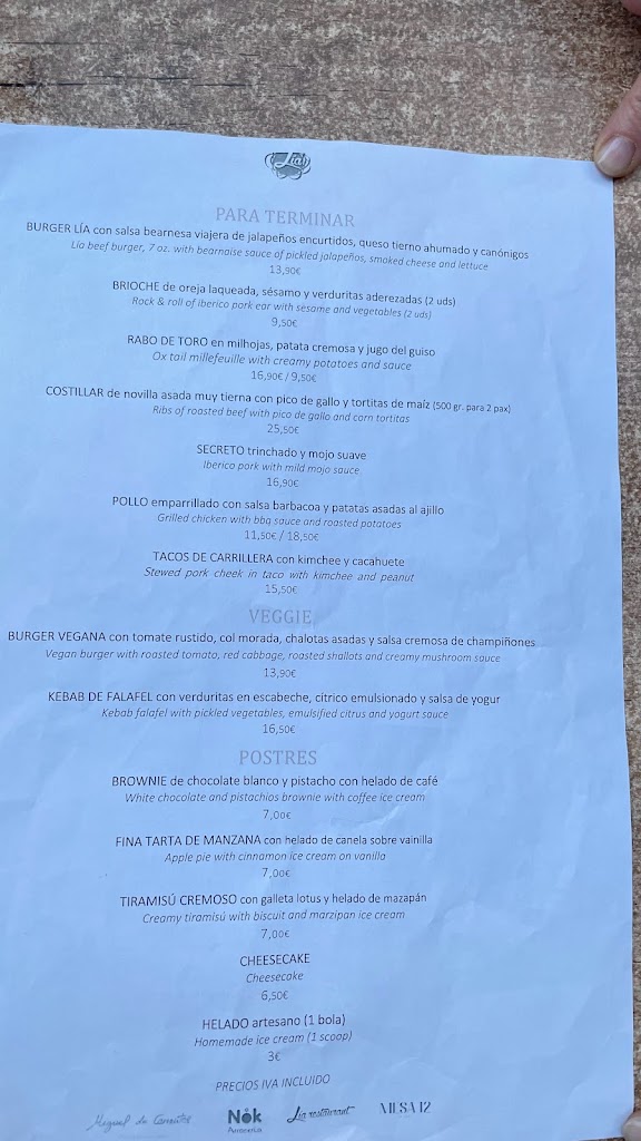 Lia Restaurant — Carta