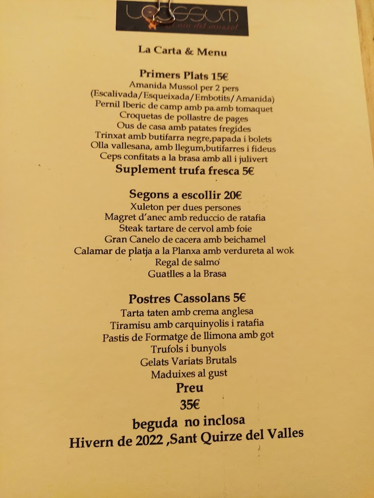 Restaurant El Niu del Mussol Lossum — Carta