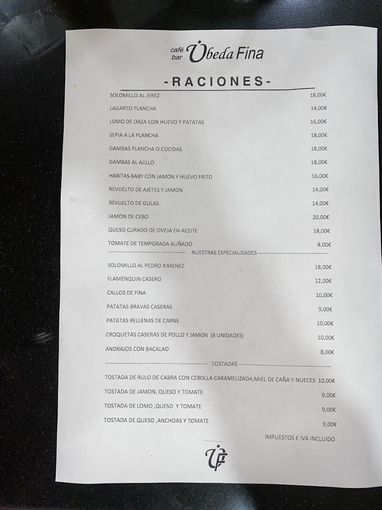 Cafe-Bar Ubeda Fina — Carta