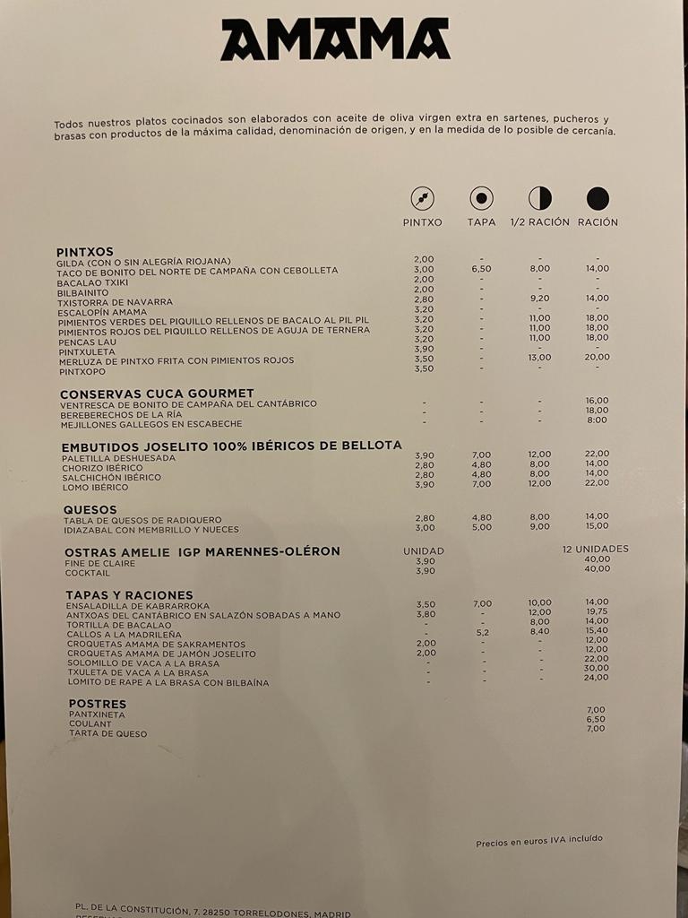 Restaurante Amama — Carta