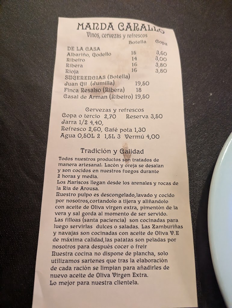 Restaurante Manda Carallo — Carta