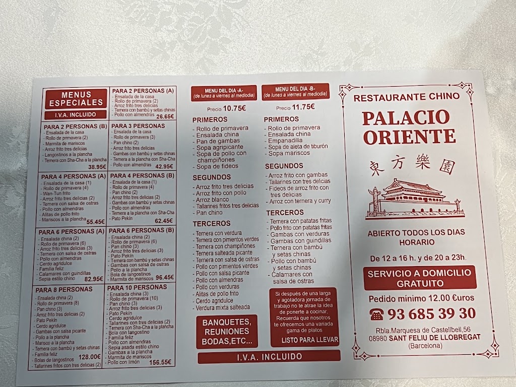 Restaurante Chino Palacio Oriente — Carta