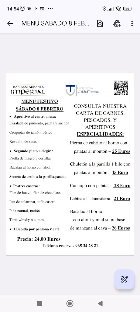 Restaurante Imperial - El sabor mediterraneo en Villena — Carta