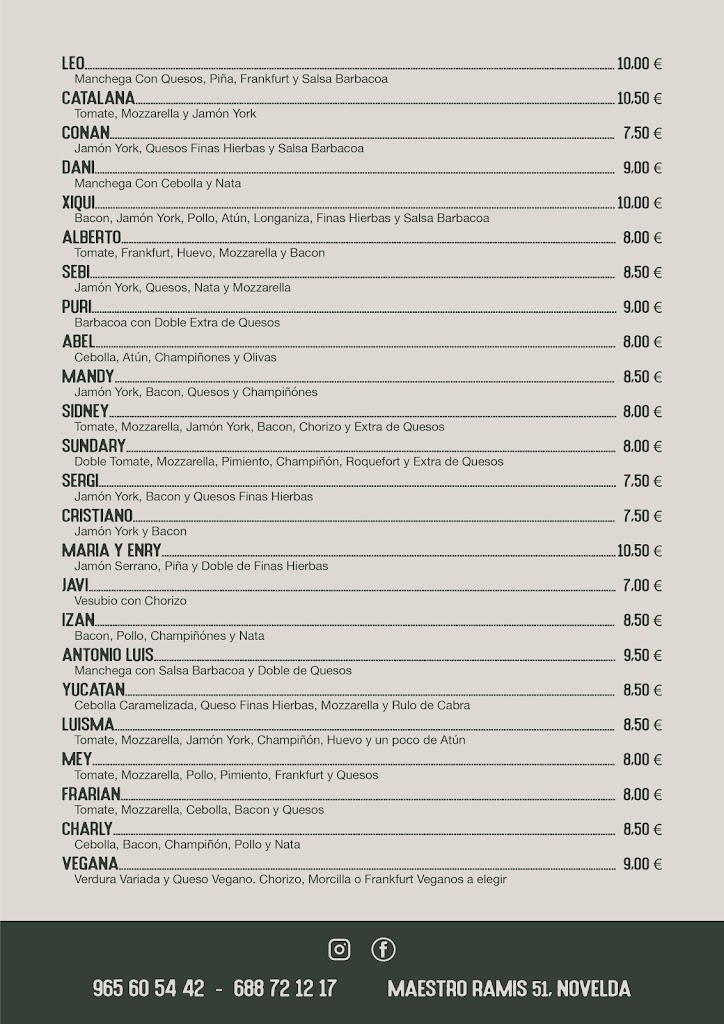 Restaurante Pizza 10 — Carta