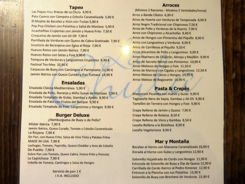 Restaurante La Chula — Carta