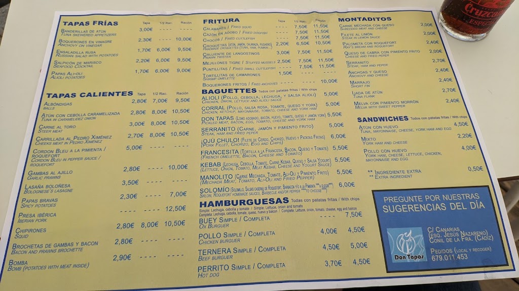 Bar Don tapas — Carta