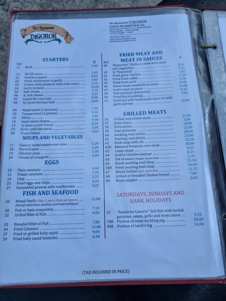 Restaurante Cueva Bartolo — Carta