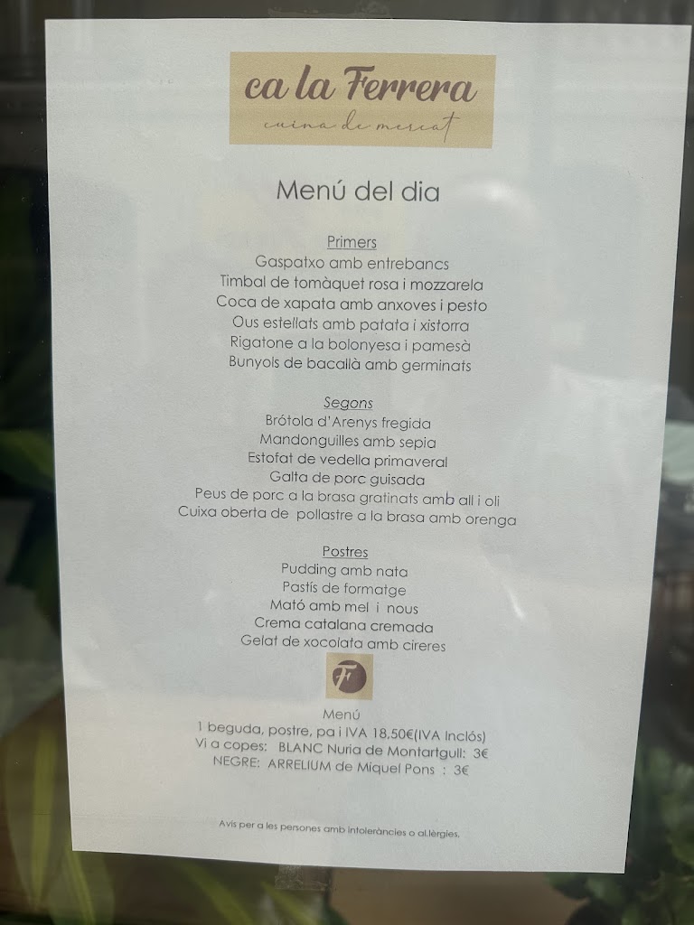 Restaurant ca la Ferrera — Carta