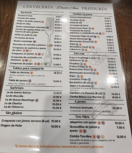 Cerveceria freiduria donde Ana — Carta