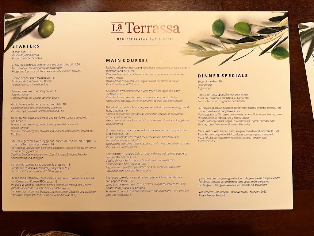 La Terrassa Mediterranean Bar & Grill — Carta