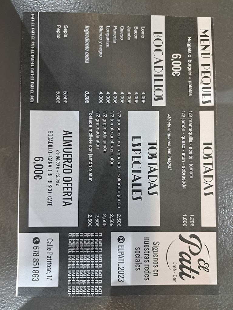 Cafe bar el pati — Carta