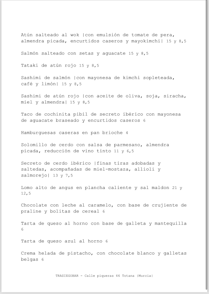 Trasiegobar — Carta
