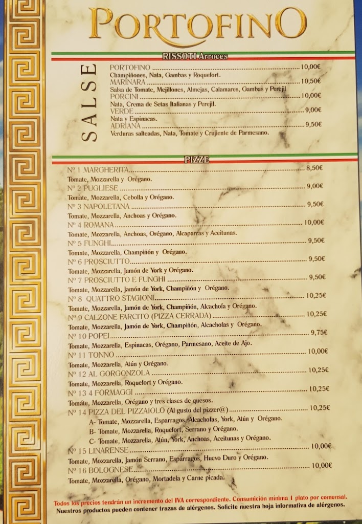 Restaurante italiano "Portofino" — Carta