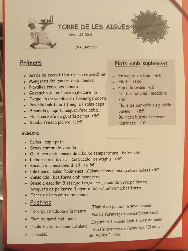 Restaurant Torre de les Aigues — Carta