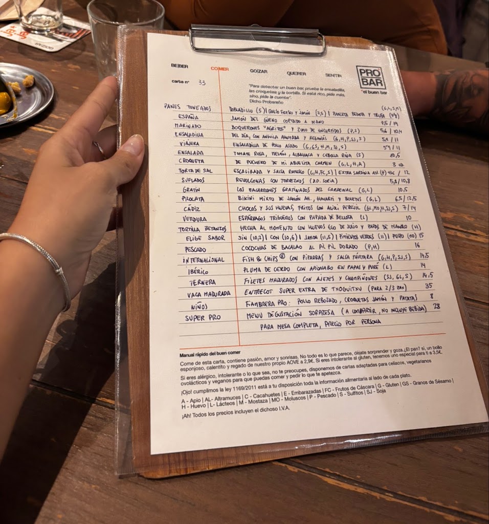 Probar el Buen Bar — Carta