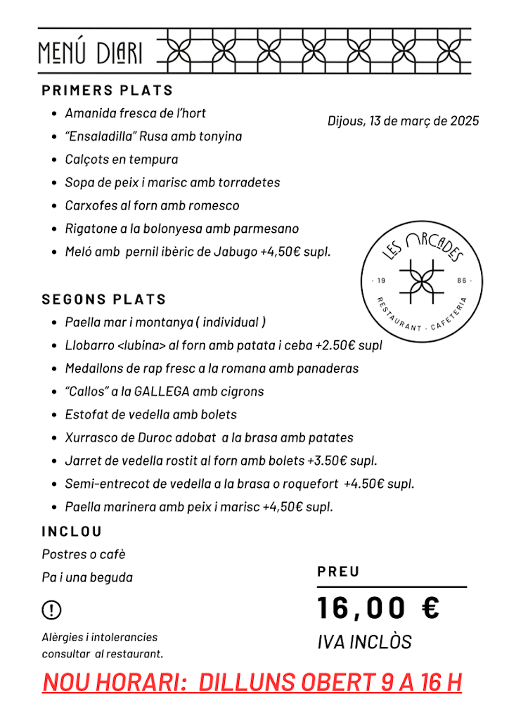 Restaurant Les Arcades — Carta