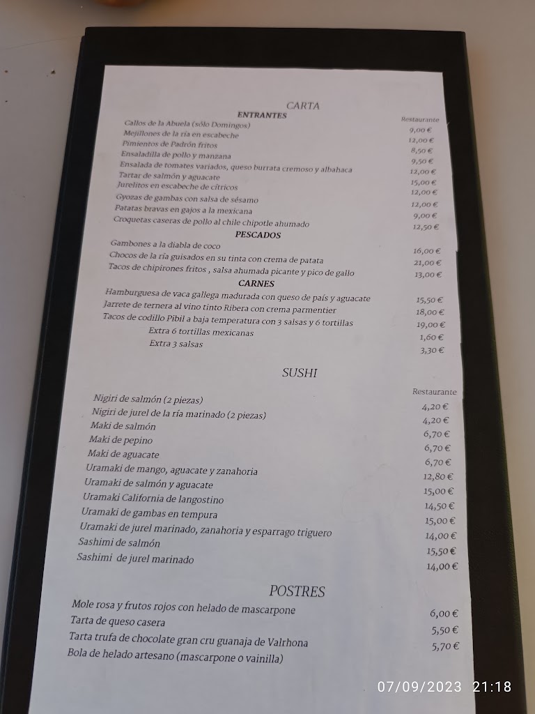 Restaurante A Maruxaina — Carta