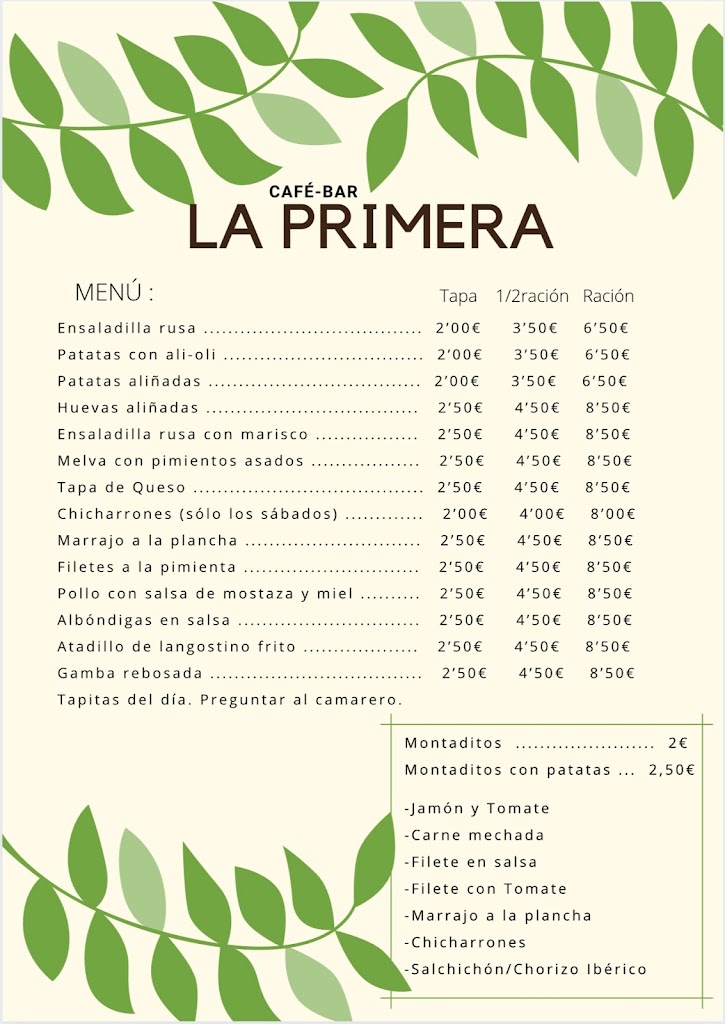 Cafe-Bar La Primera — Carta