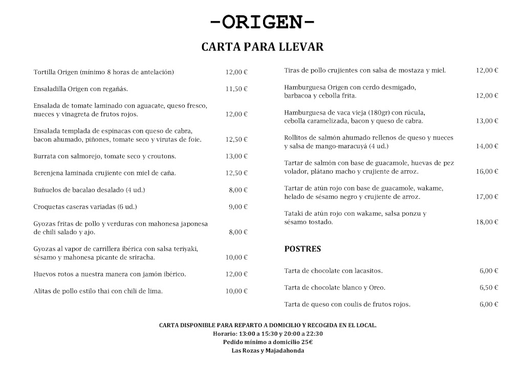 Restaurante Origen Majadahonda — Carta