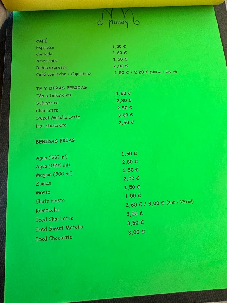 Munay Cafeteria — Carta