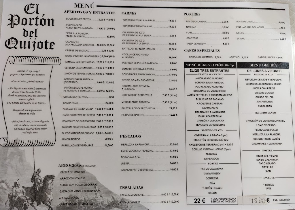 Restaurante Meson El Porton del Quijote — Carta