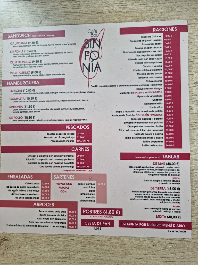 Cafe Bar Sinfonia — Carta