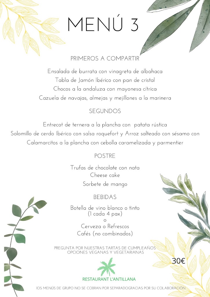 Restaurant cocteleria L'Antillana — Carta