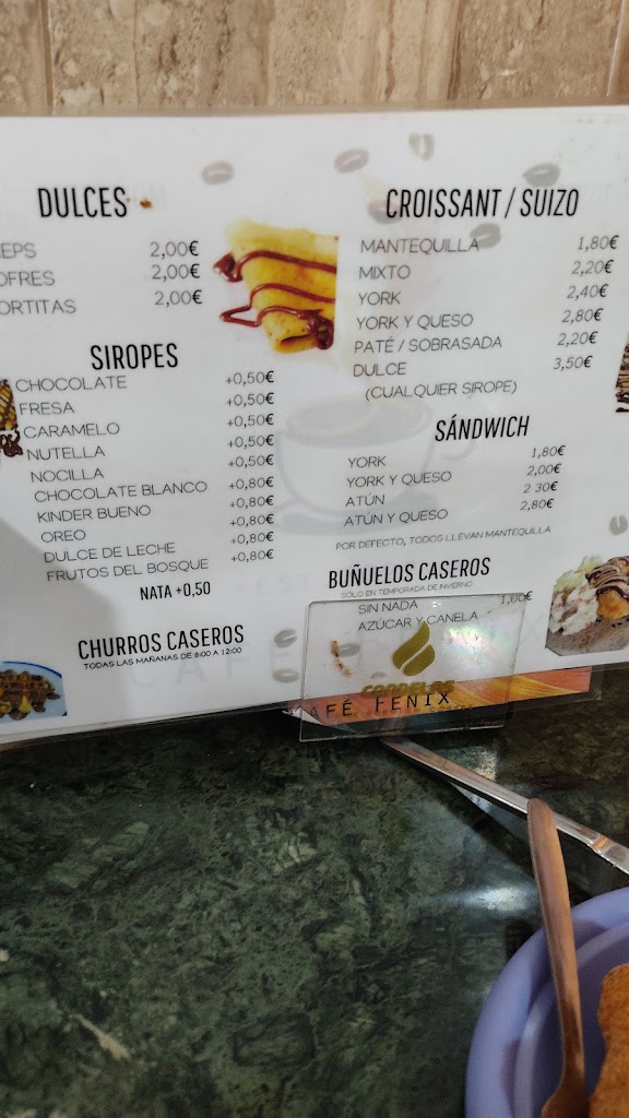 Cafe Fenix Churreria — Carta