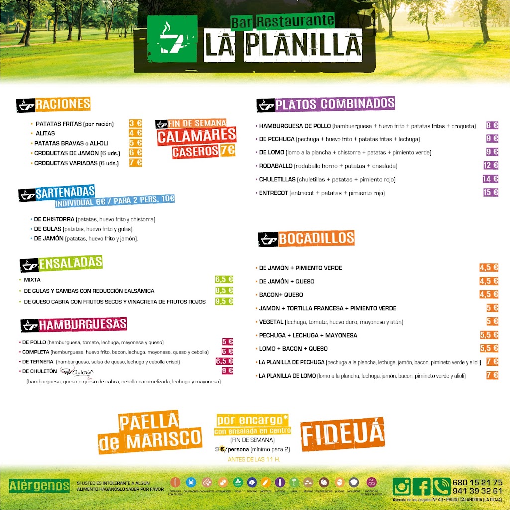 Bar Restaurante La Planilla — Carta