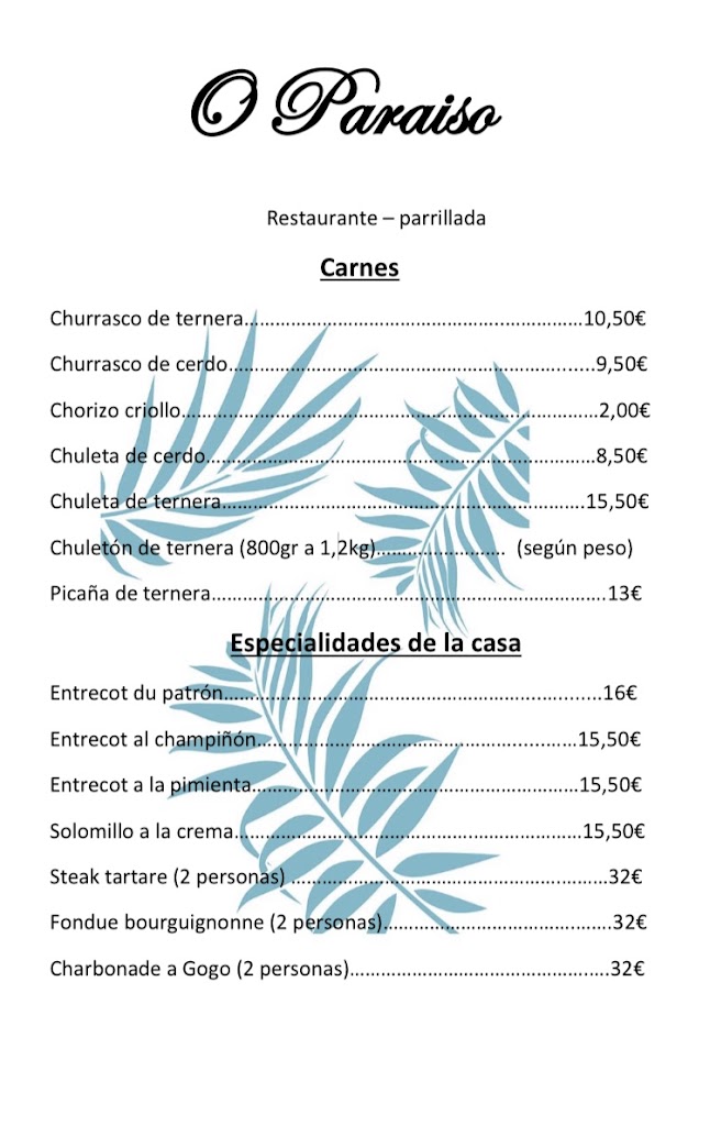 Restaurante parrillada hostal o paraiso — Carta