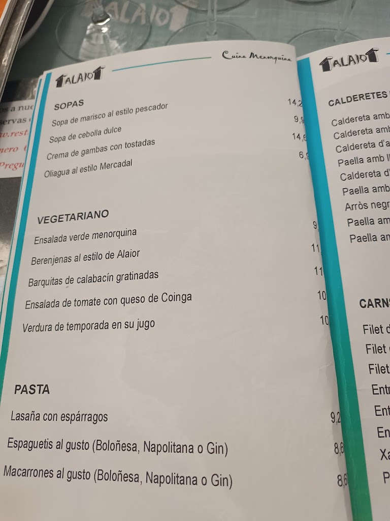 Restaurante Talaiot Tarrasa — Carta