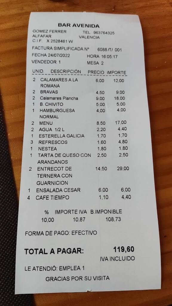 Restaurante Avenida — Carta