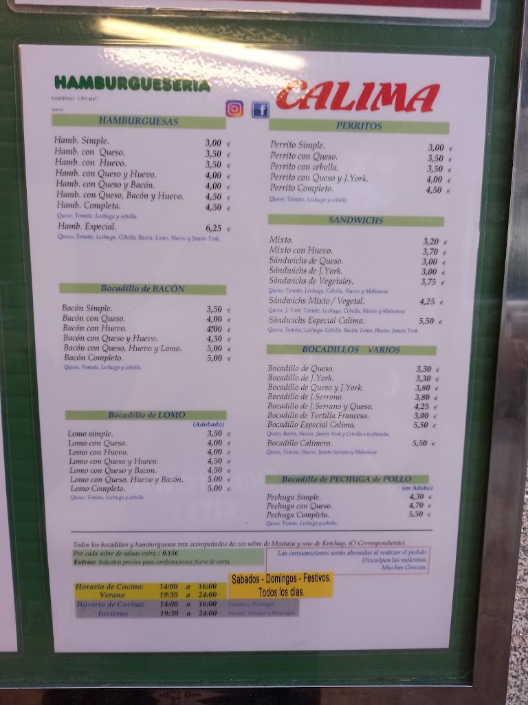 Calima Burger — Carta