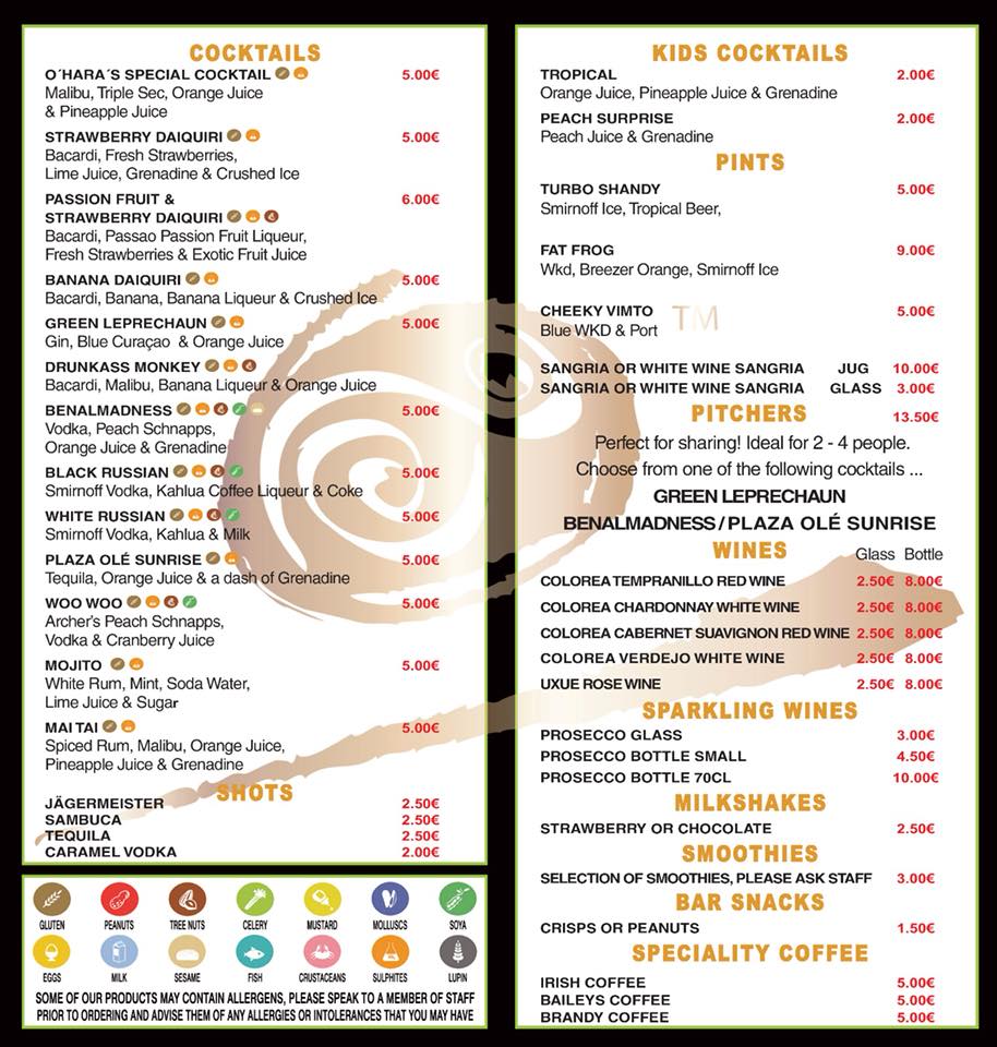 O'Hara's Irish Pub — Carta