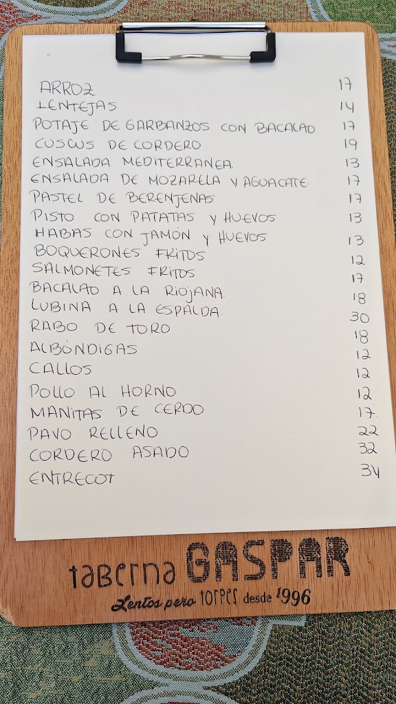 Restaurante Taberna Gaspar — Carta