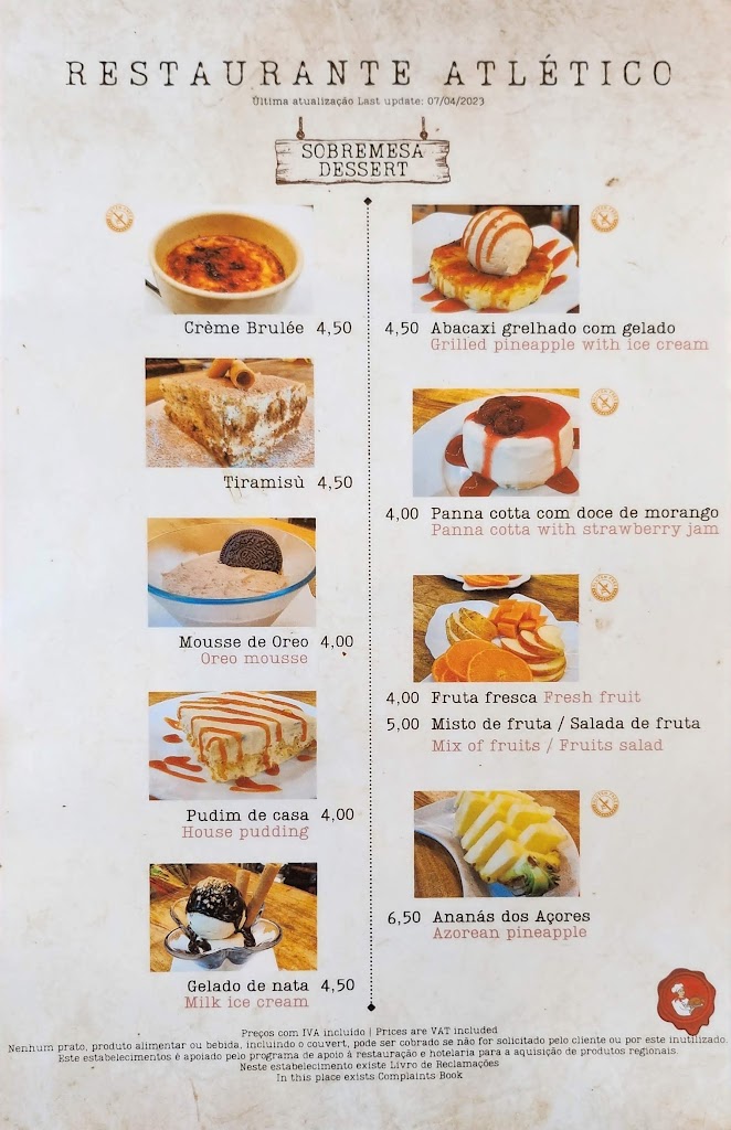 Restaurant Atletico — Carta