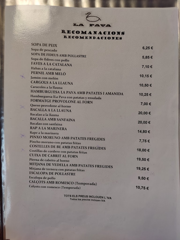 Pizzeria la Pava — Carta