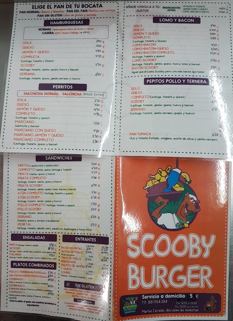 Scooby Burger de Ferrol — Carta