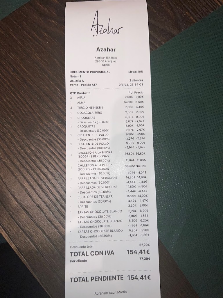 Restaurante Azahar Aranjuez — Carta