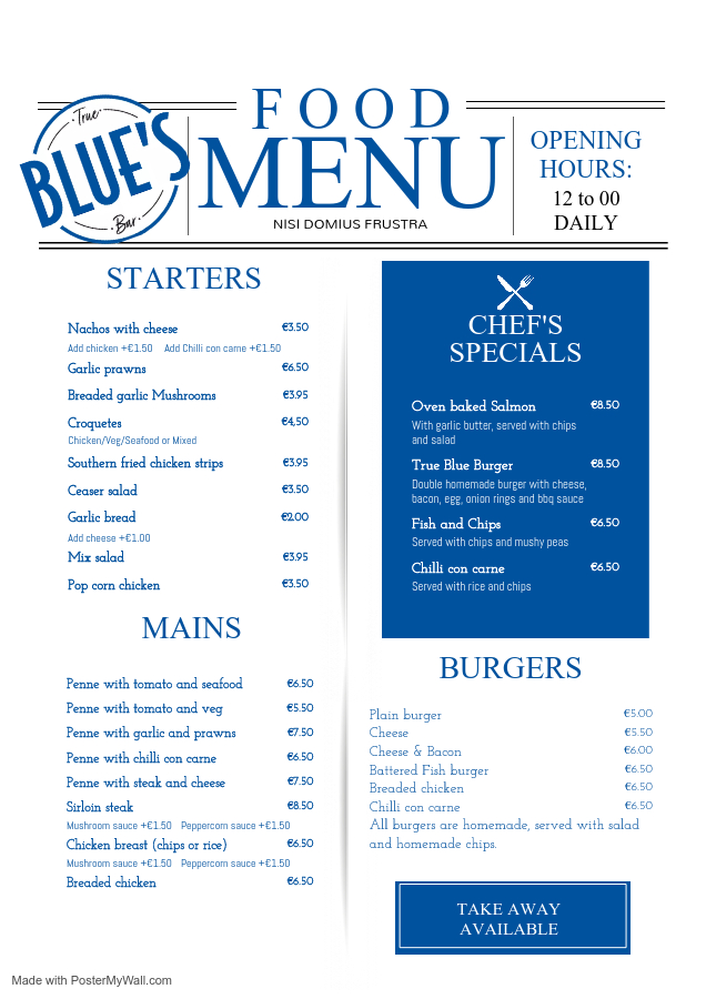 True Blue's Bar — Carta