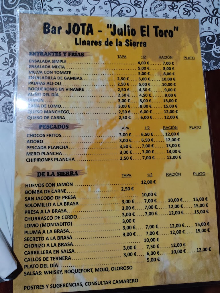 Bar Jota - Linares de la Sierra — Carta