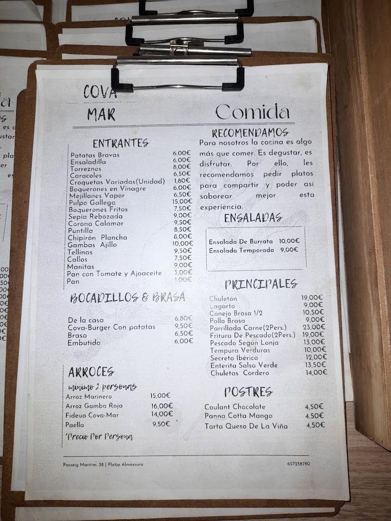Bar Cafeteria Cova Mar — Carta