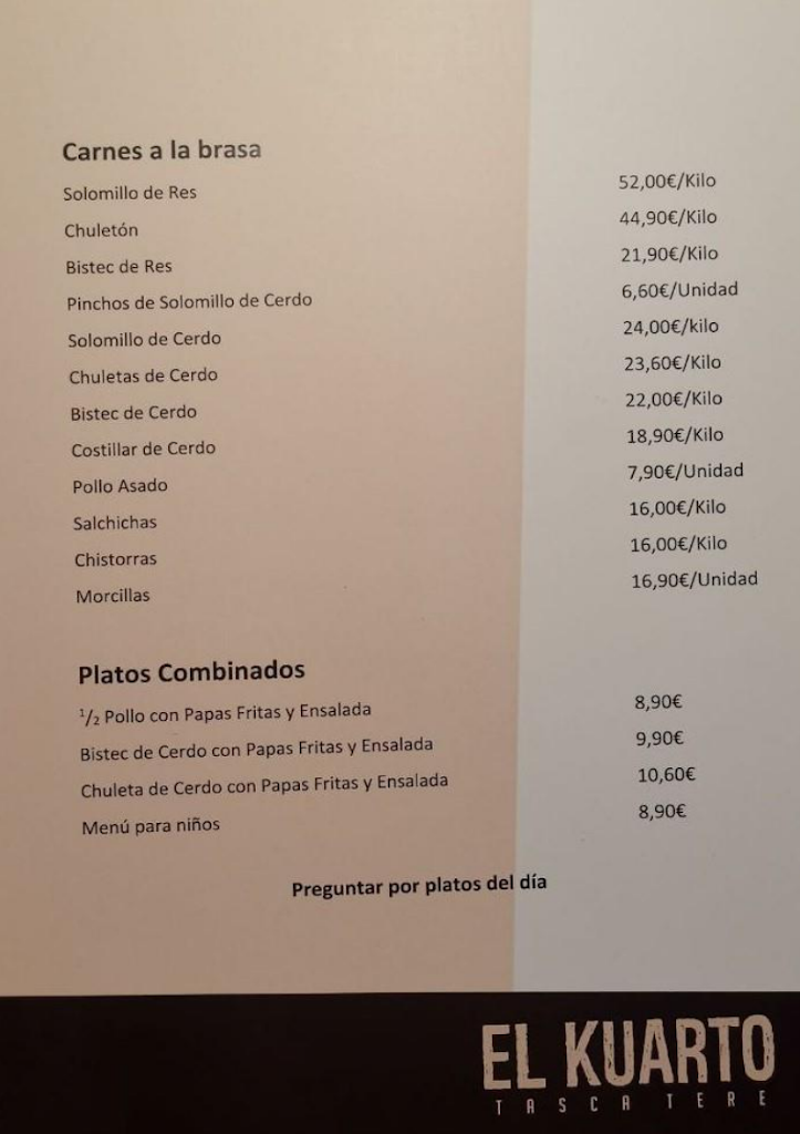 El Kuarto (Tasca Tere) — Carta