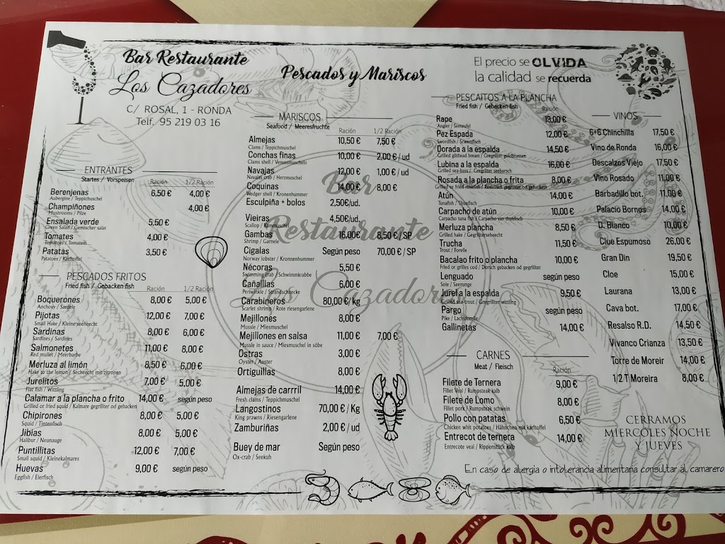 Restaurante Los Cazadores Pescados Y Mariscos — Carta