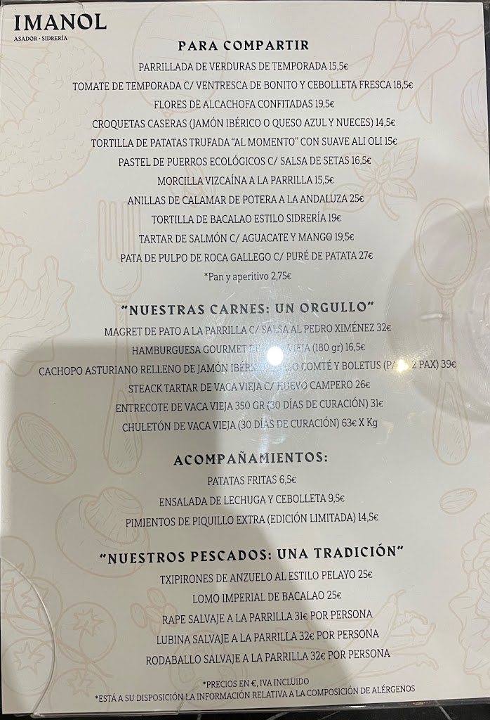 Asador Imanol — Carta