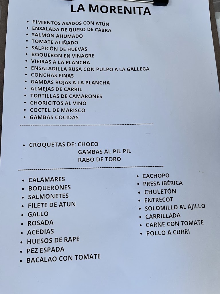 Bar la Morenita — Carta