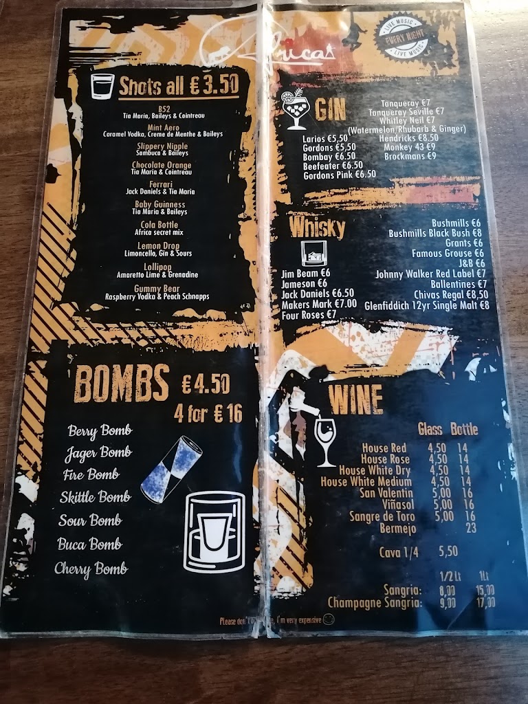 Africa Bar Restaurant — Carta